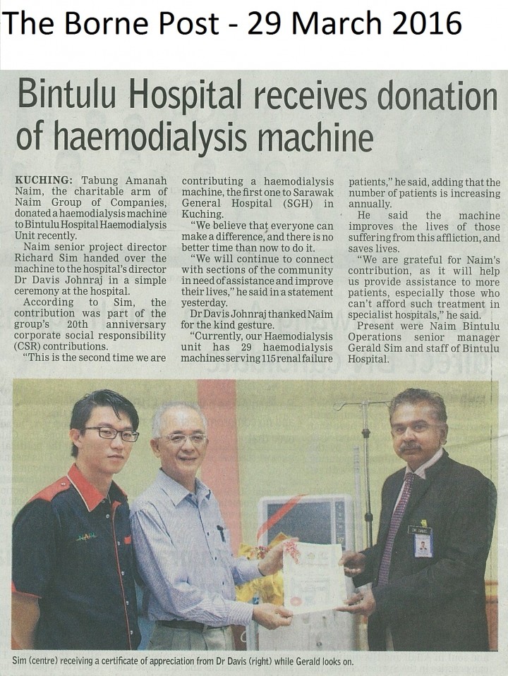 Bintulu Hospital receives donation of haemodialysis machine